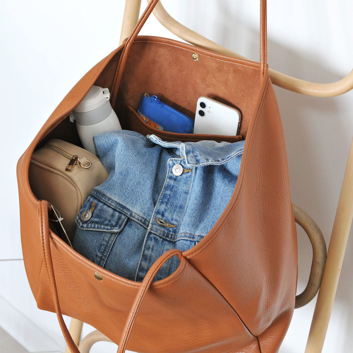 HOXIS Oversize Pu Leather Tote Women Weekender Bag Shopper Handbag Travel Purse (Orange-brown)