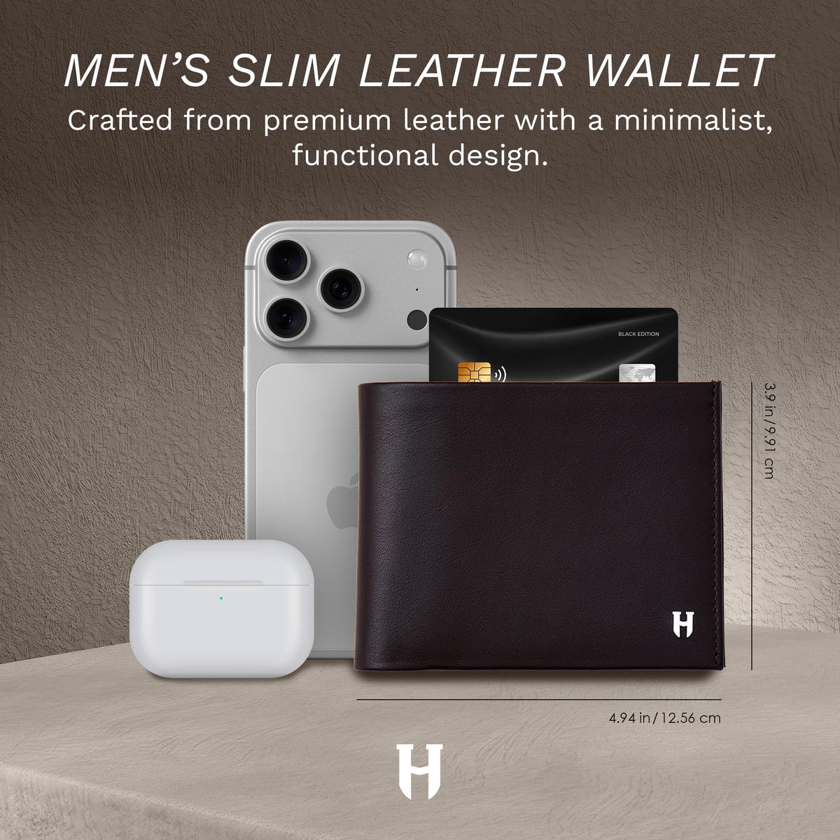 HELMBROOK London Wallet for Men, Slim Minimalist RFID Full Grain Leather, Handcrafted Bifold, 6 Card Slots, Gift Box Pouch, Christmas Birthday, Tan