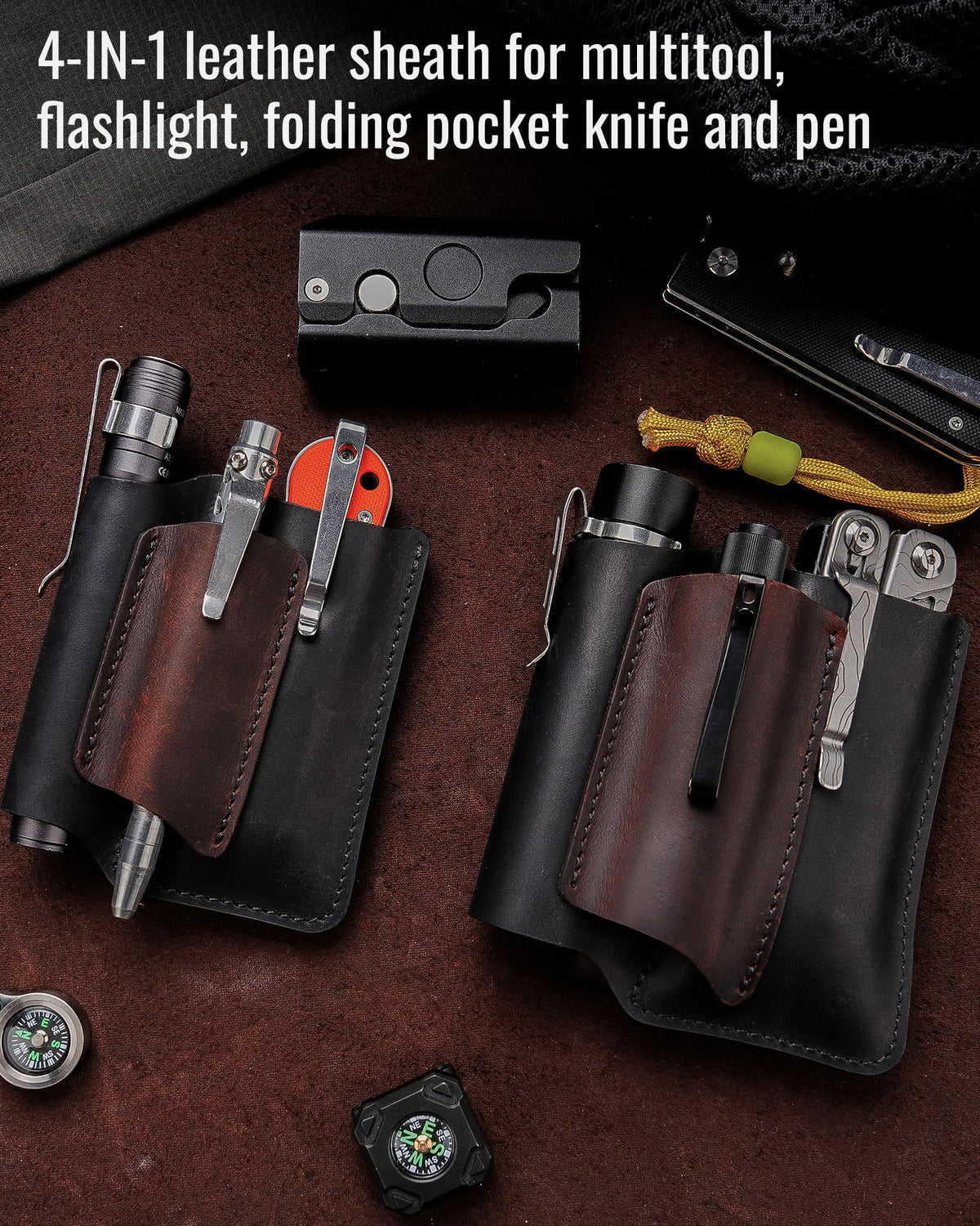 VIPERAED PJ38 Leather Multitool Sheath for Men, 4-in-1 Utility Leather Holster, EDC Pocket Organizer for Pocket Knife Multitool Flashlight and Pen
