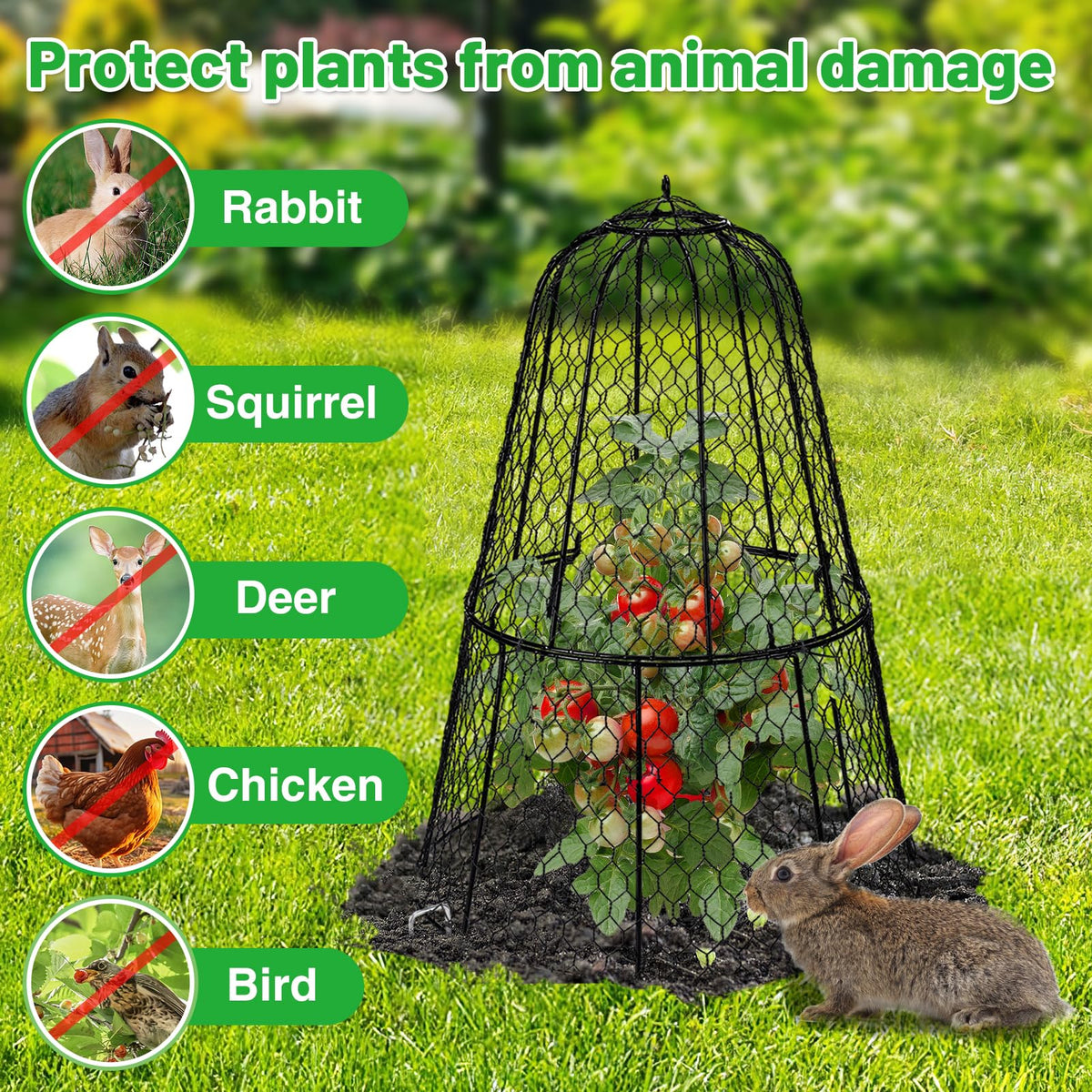 Cloche Plant Protectors from Animals - 17.3"Hx11.8"D Chicken Wire Plant Covers with Removable Flip-Top Design, Rustproof Metal Garden Cloches Keep Rabbits, Squirrels, Deers, Birds Out - 5 Pack
