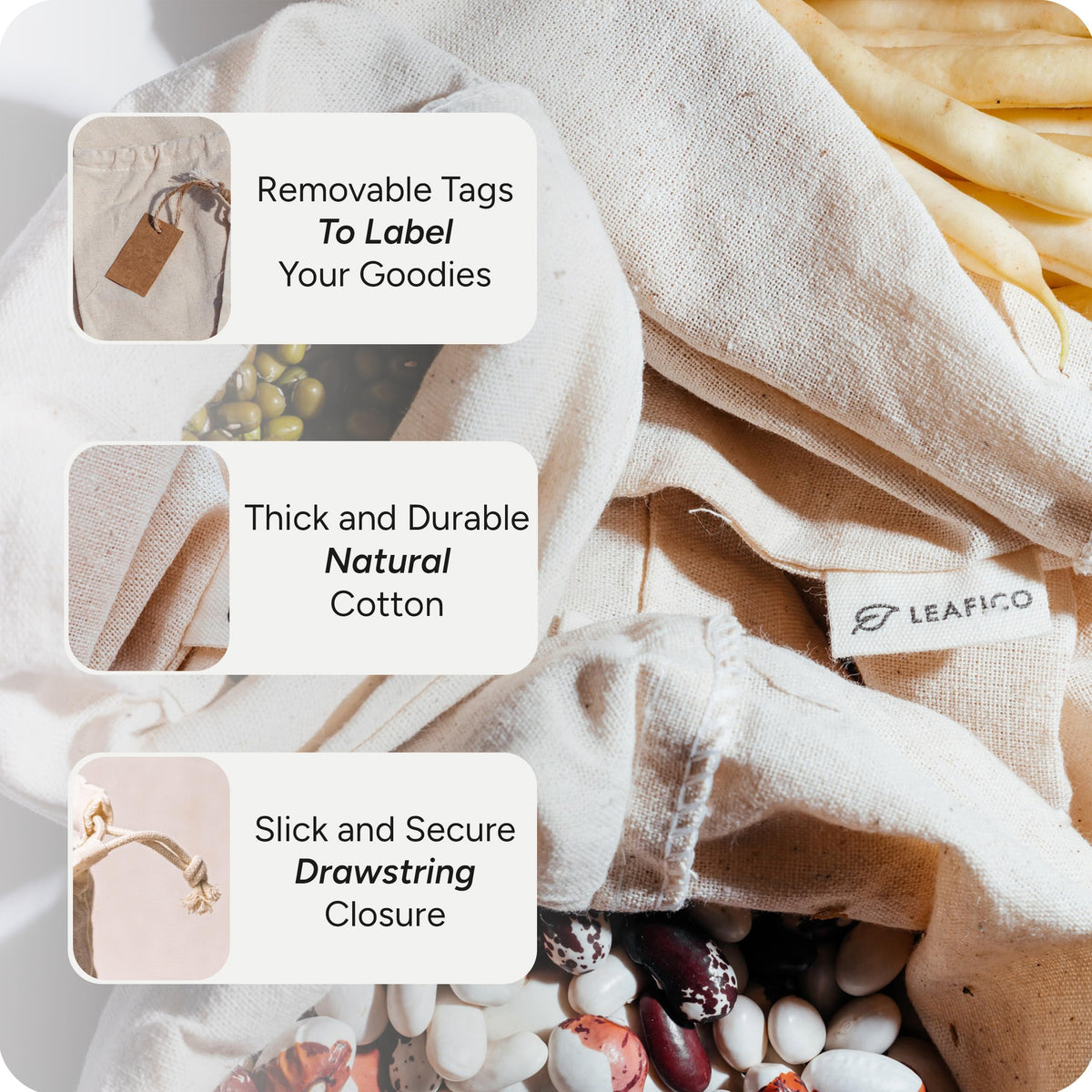 LEAFICO Cotton Storage Bags – X-Large 14x17 Inch (6-Pack) – Reusable Muslin Bags with Drawstrings – Biodegradable Canvas Fabric Sacks – Perfect for Bread, Bulk Produce, Potatoes, Onions, Shoes