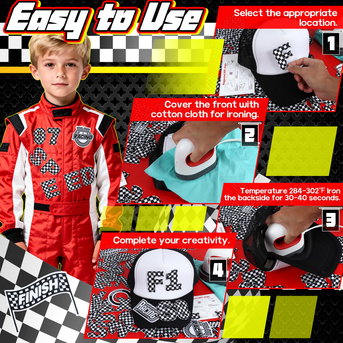 Meneng Letters and Numbers Patches for Racing: 82 Pcs Iron On Checkered Letters with Car Patches - Embroidered Flag Lightning Patch for Jacket Hat Customization