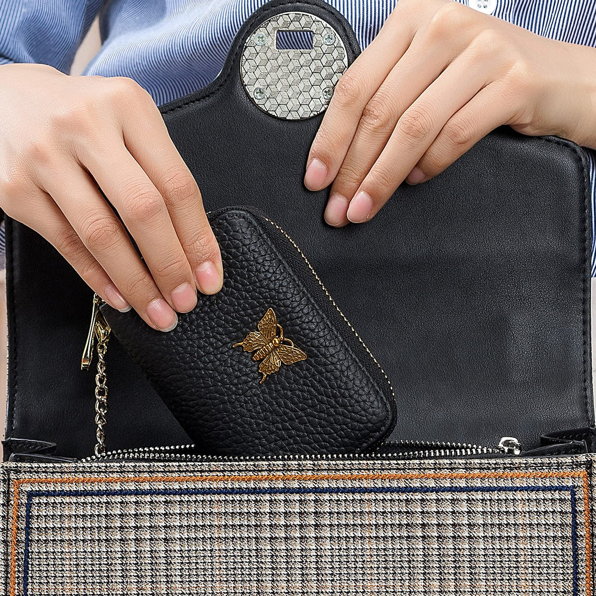 imeetu RFID Credit Card Holder for Women Genuine Leather Card Case Wallet with Zipper and Removable Keychain (Black)