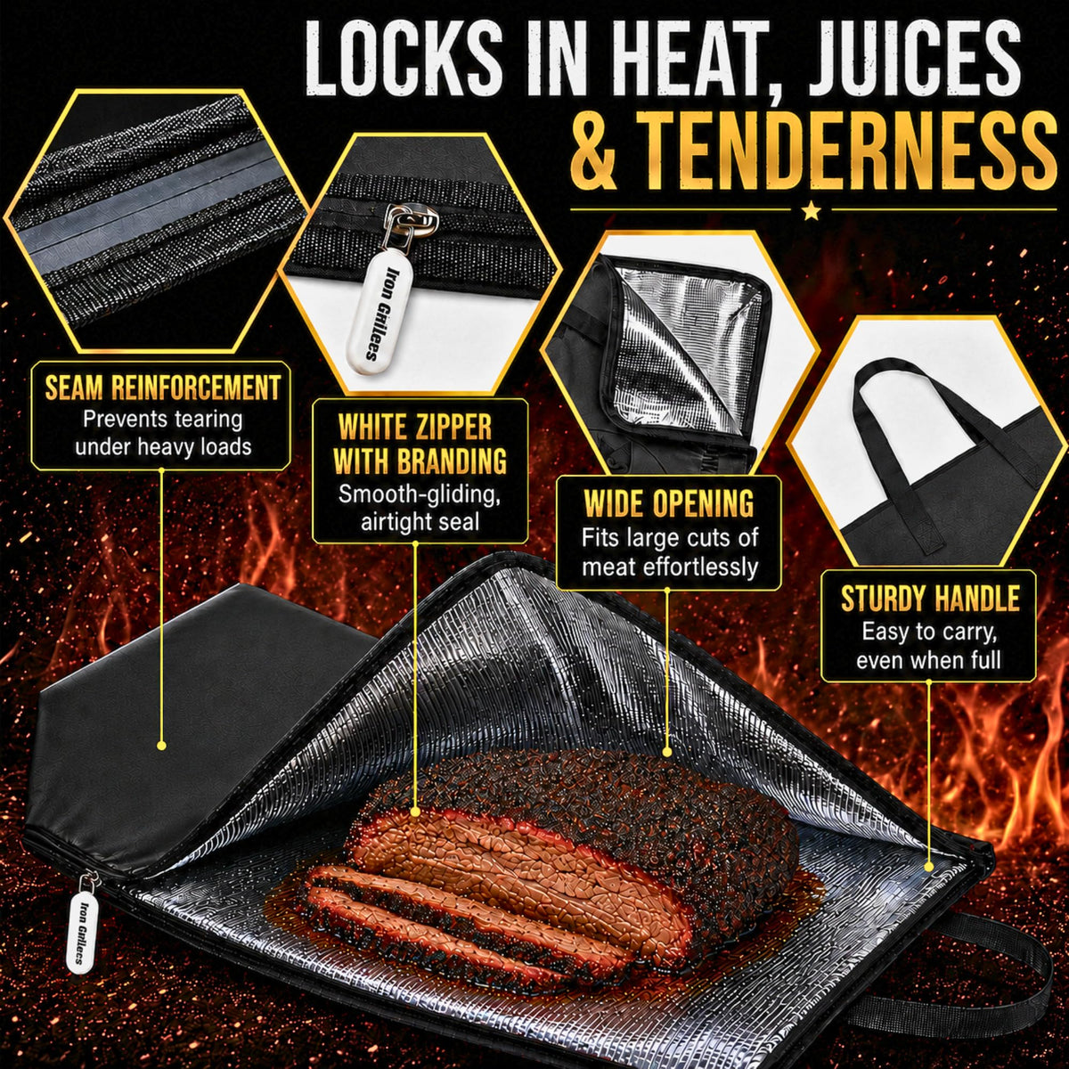 24" Leather BBQ Blanket for Resting Meat - Brisket Blanket Insulated Meat Resting Bag, Leak-Proof & Wide Mouth for Max Heat Retention - Built for Large Brisket, Pork, Beef & Turkey (24 Inch Black)