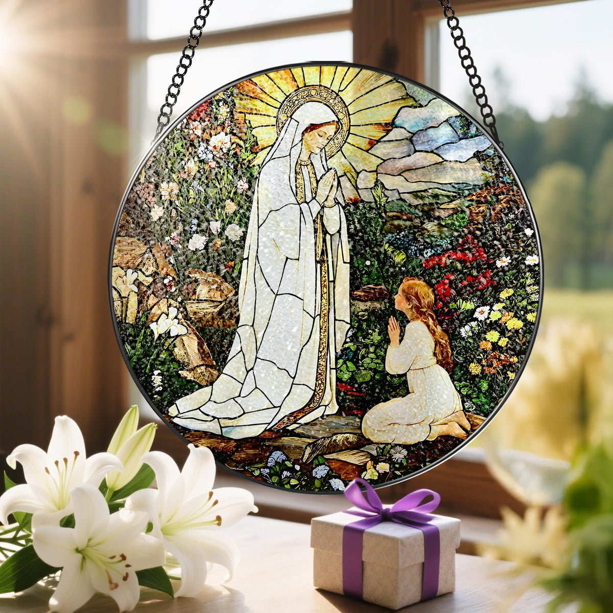 8 Inch Lady of Lourdes Stained Glass Suncatcher, Stained Glass Window Hanging, Virgin Mary Religious Window Hanging, Gift for Mothers Day, Catholic Home Decor, Faith Gift for Christian, Religious Gift