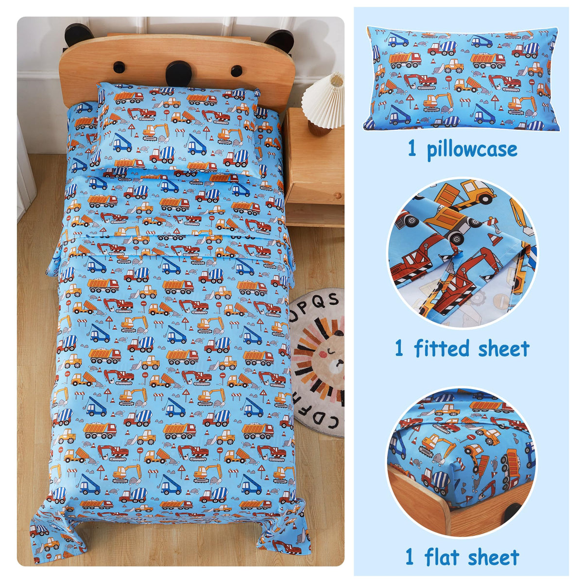 Softan Kids Bed Sheet Set, 3-Piece Twin Sheets Set, Microfiber Fitted Sheet with Corner Straps, Breathable & Silky Soft Blue Heavy Duty Vehicle Pattern Sheet and Pillowcase Sets