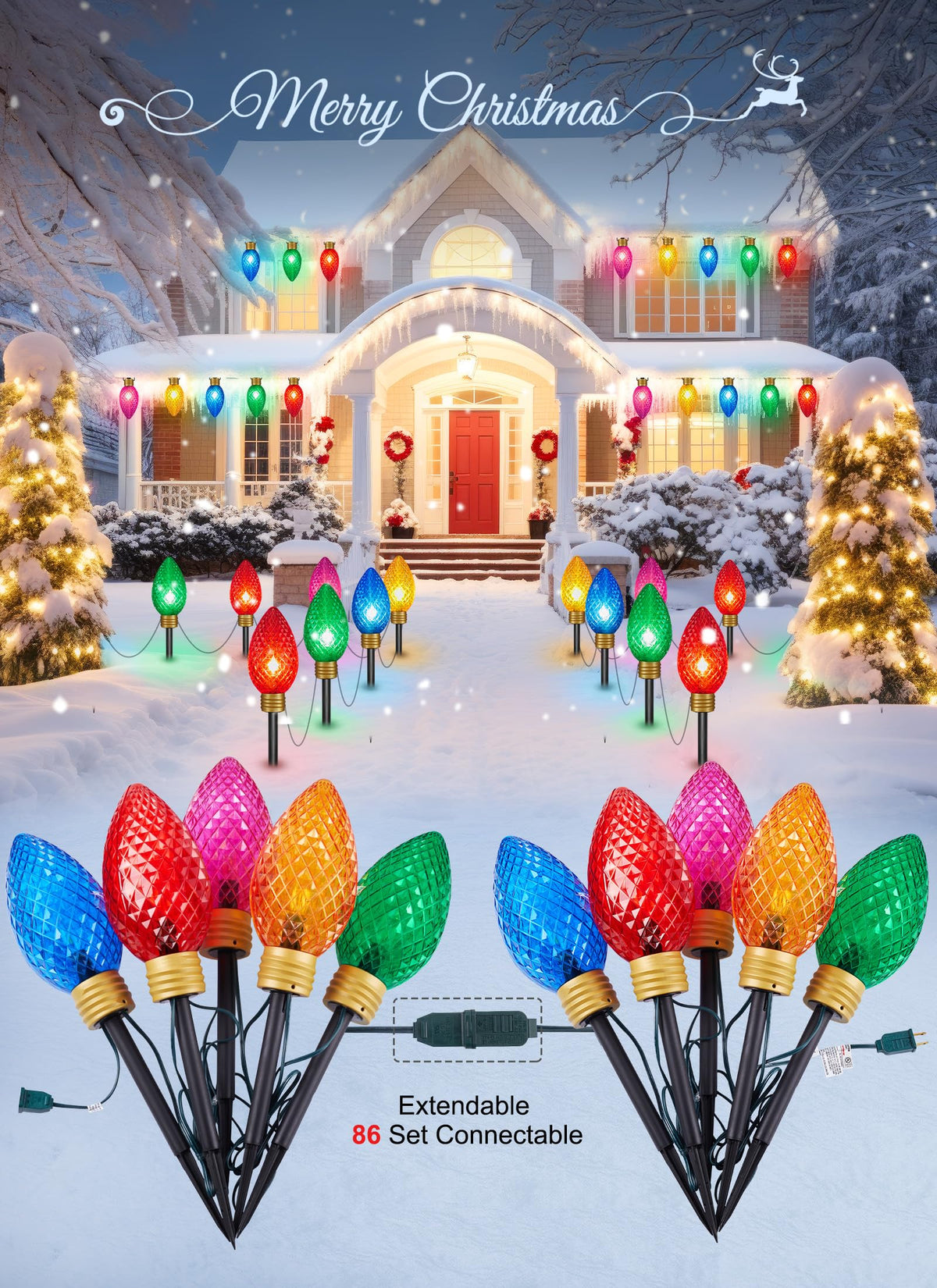 Minetom 2 Pack Jumbo C9 Christmas String Lights, 11 Feet, Waterproof, Strawberry Multicolor, Model GY-C-50.6-U-B1