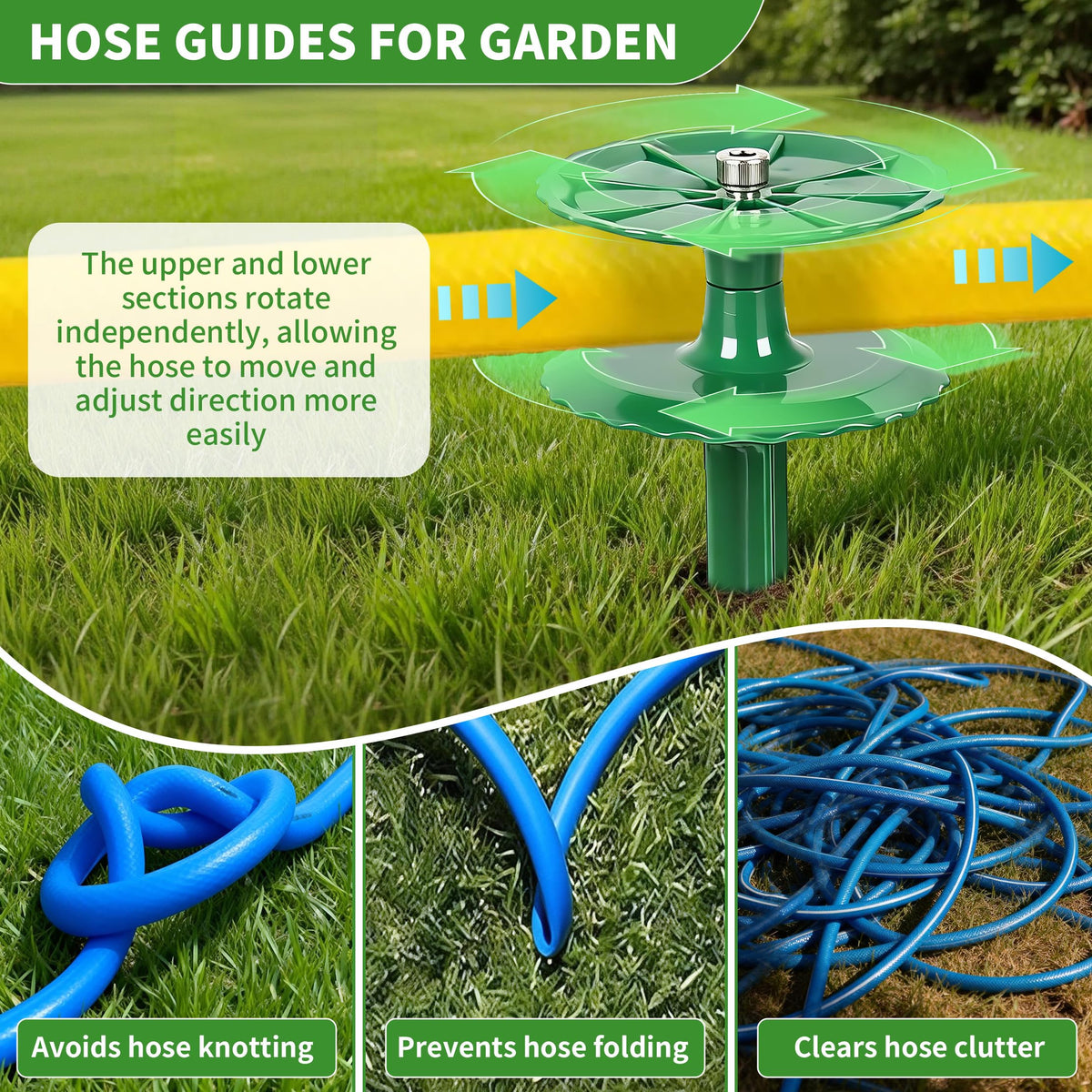 4 Pack 10 Inch Garden Hose Guide Stakes, Upgraded Reinforced Disc, Rotatable Double-Disk Sun Protection Heavy-Duty Plastic Stake, Hose Guard for Yard, Lawn & Flower Bed Landscaping(Green 4Pcs)