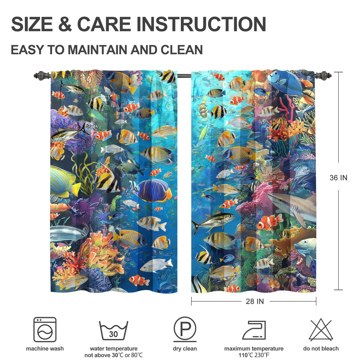 Ecixzyo Fish Kitchen Curtains Short Rod Pocket Drapes Tiers Window Curtains for Basement Bathroom 2 Panels 28x36in