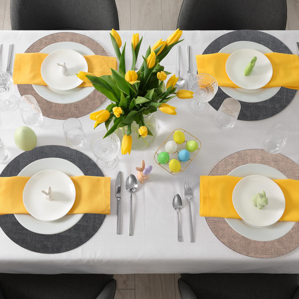 Cloth Leather Round Placemats, Gray and Beige Double-Sided Heat-Resistant Placemats and Coasters Set of 4, Small Placemat for Dessert Plate Easy to Clean for Dining