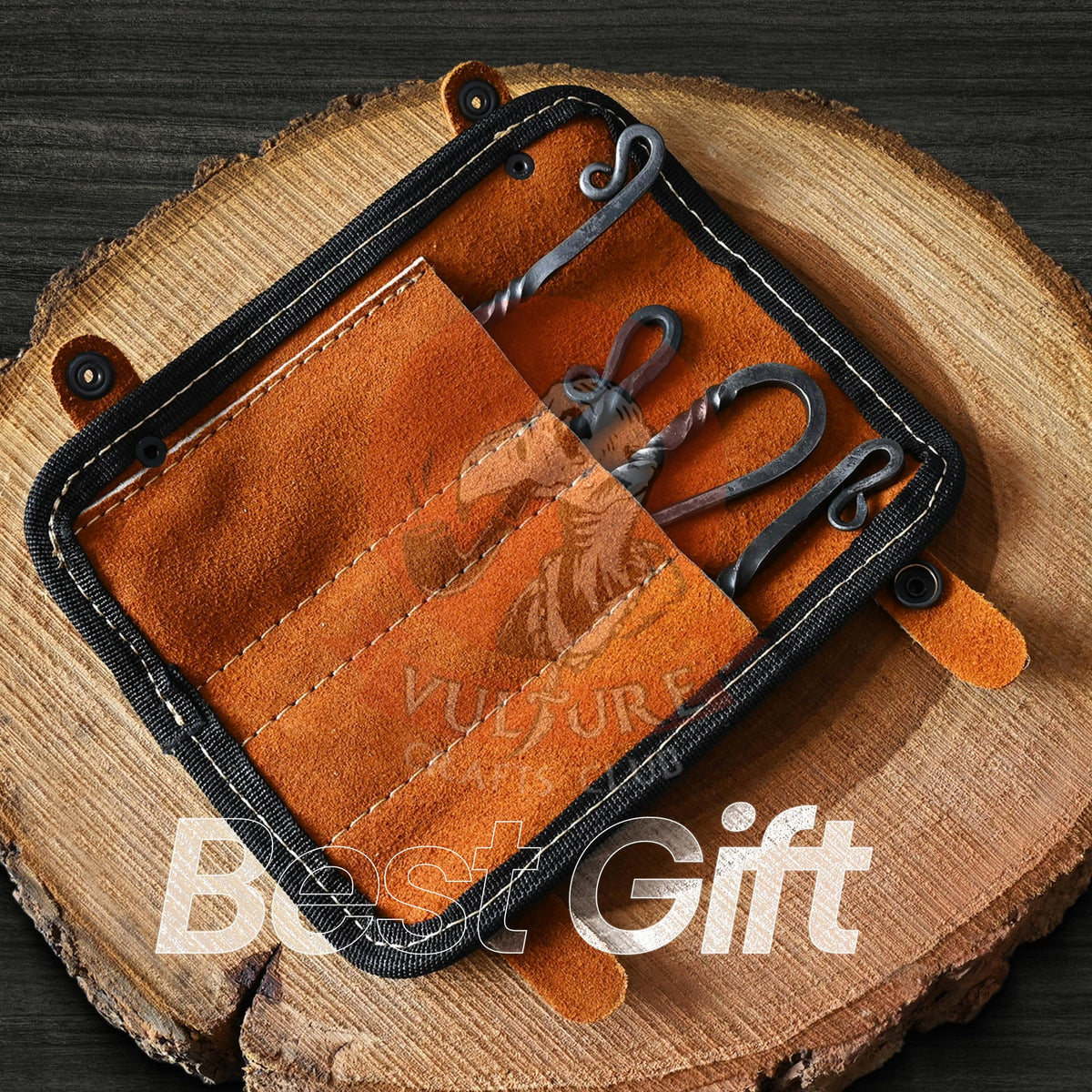 Medieval Silverware Set with Leather Cover - Hand Forged Medieval Cutlery Set - Viking Camping Utensils, Medieval Decor,Gifts - 4 Pcs Viking Utensils Set Fork Spoon and Knife Set (Half Black) (Silver Black)