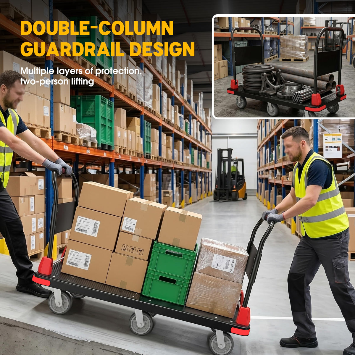Platform Trucks Flatbed Cart Heavy Duty with 2 Handrails & 6 Rubber Wheels, Flat Dolly 2000lbs Capacity with Bungee Cord, 49.2"x27.56" Folding Hand Cart for Moving Furniture/Office/Warehouse/Garage