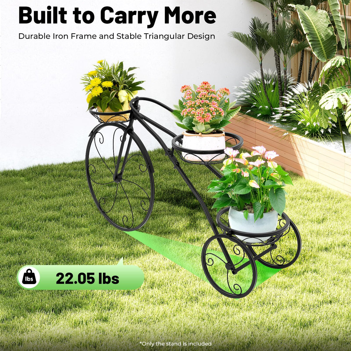 VNUIWDSG Three-wheeled Plant Stand Plant Corner Shelf, Iron Baking Paint Rust-Resistant, 22.05LBS Load 3 Fenced Baskets, Bicycle Design Easy Move, Living Room Garden