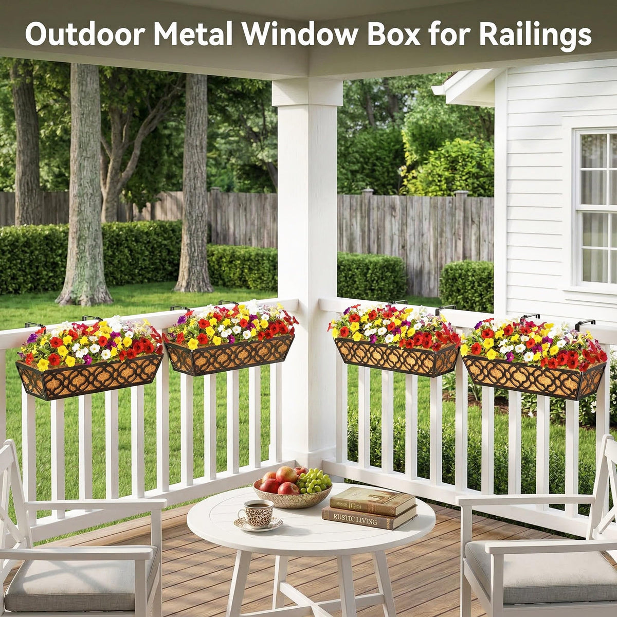 LAWYAMAI 24 Inch Railing Planter Box with Coco Liner, Adjustable Metal Hanging Planter, Window Box for Balcony Deck Fence, Outdoor Flower Box Black, 2 Pack
