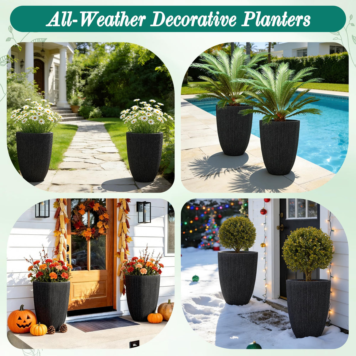 Ultym 2 Pack 19" Tall Black Fluted Concrete-Look Resin Planters, Large Round UV-Resistant Flower Pots for Indoor Outdoor Plants, Decorative Ribbed Planters for Garden Patio Porch Home Office