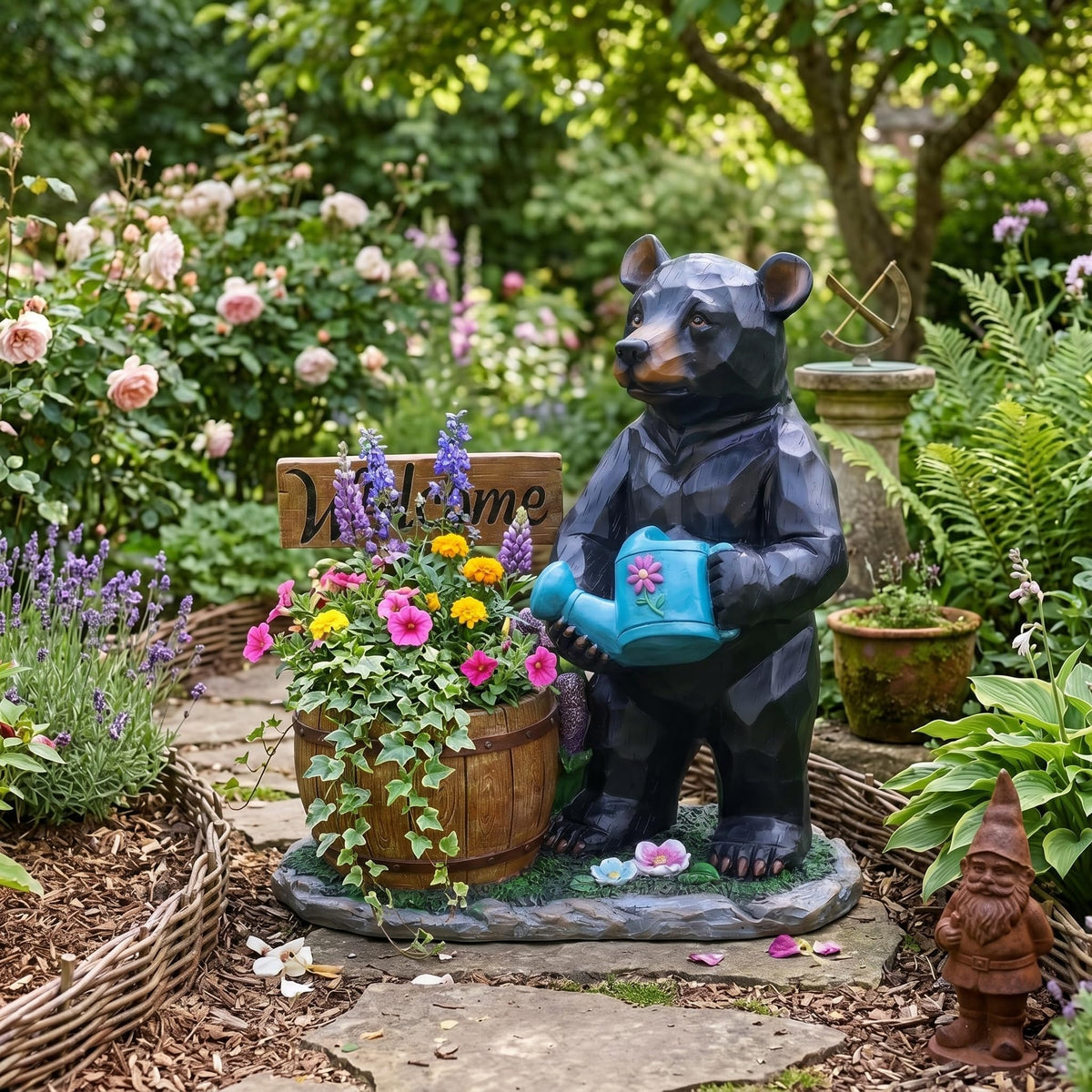 elesculor Black Bear Garden Statue Planter with Welcome Sign & Watering Can, Resin Outdoor Flower Pot, Decorative Animal Planter for Patio, Yard, Lawn, Cabin Decor