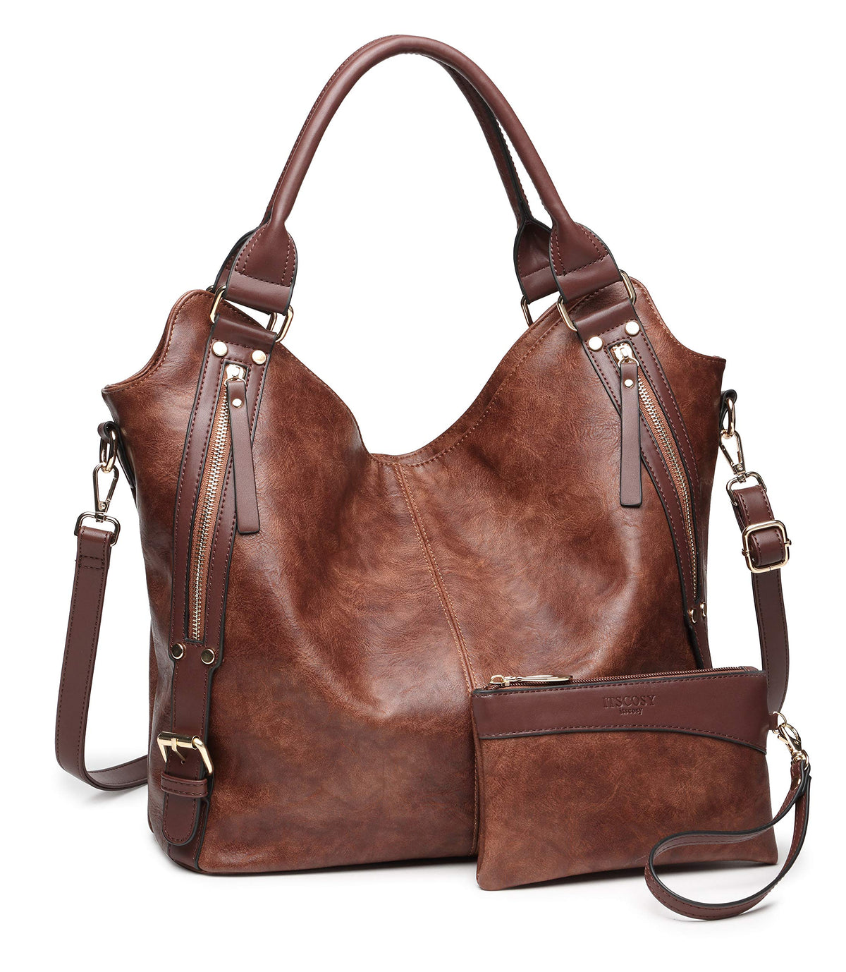 Women Tote Bag Handbags PU Leather Fashion Hobo Shoulder Bags with Adjustable Shoulder Strap (Brown, L)