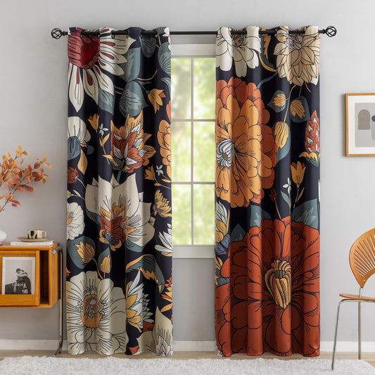Tyrot Black Boho Floral 100% Blackout Curtains for Bedroom 84 inch Long 2 Panels Mid Century Botanical Black Out Curtains for Living Room Grommet Thermal Insulated Room Darkening Window Drapes,52Wx84L