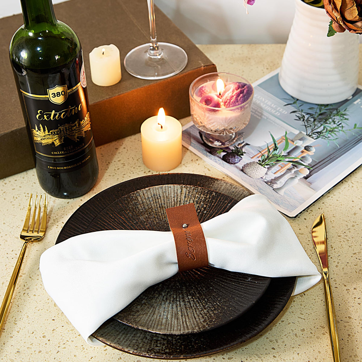 Reddish Brown Napkin Rings Set of 6 – Elegant Leather Napkin Ring Holders, Double-Sided Waterproof, Durable Table Decor for Easter, Weddings & Dinner Parties, Stylish Table Setting Accessories