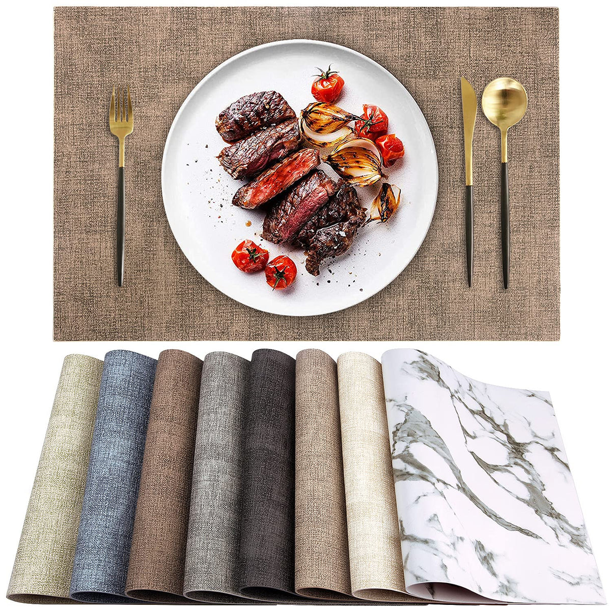 LANDVIEW Leather Heat Resistant Placemats Set of 6 Waterproof Wipeable Washable PU Table Mats,Easy to Clean Anti-Slip (6, Dark Brown)