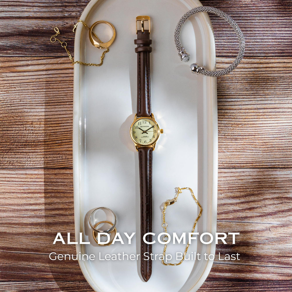 Miykon Dainty Minimalist Casual Dress Watches for Women – Small Easy Reader Analog Watch with Genuine Leather Strap and Second Hand – Japanese Quartz, Waterproof to 100ft (Brown Strap, Gold Case, Gold Dial, 26mm)