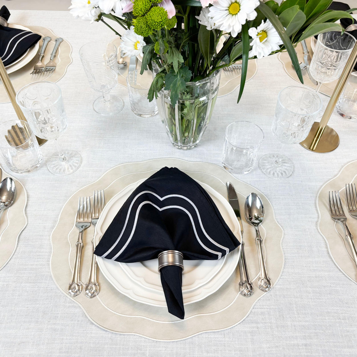 Bryonia Embroidered Scalloped Faux Leather Placemats Set of 4 - Earth Tone, Soft, Wipeable Luxury Dinner Table Mats for Dining & Wedding, 17.25" x 15", Ivory