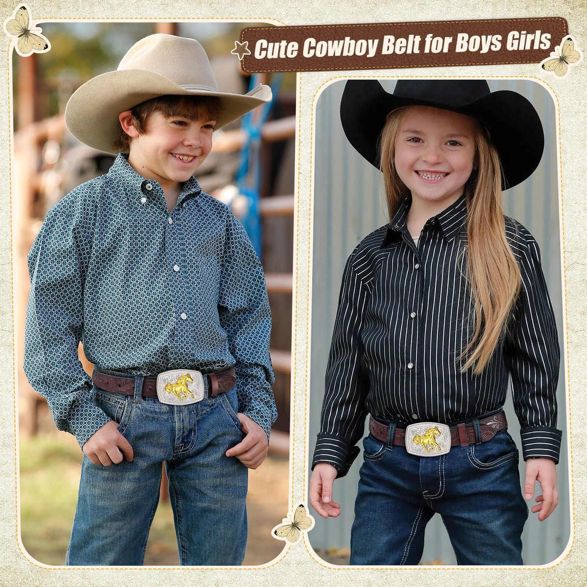 JKEEMI Kids Western Belt, Boys Girls Cowboy Belt for Kids with Detachable Square Buckle and Genuine Leather for Jeans Gifts