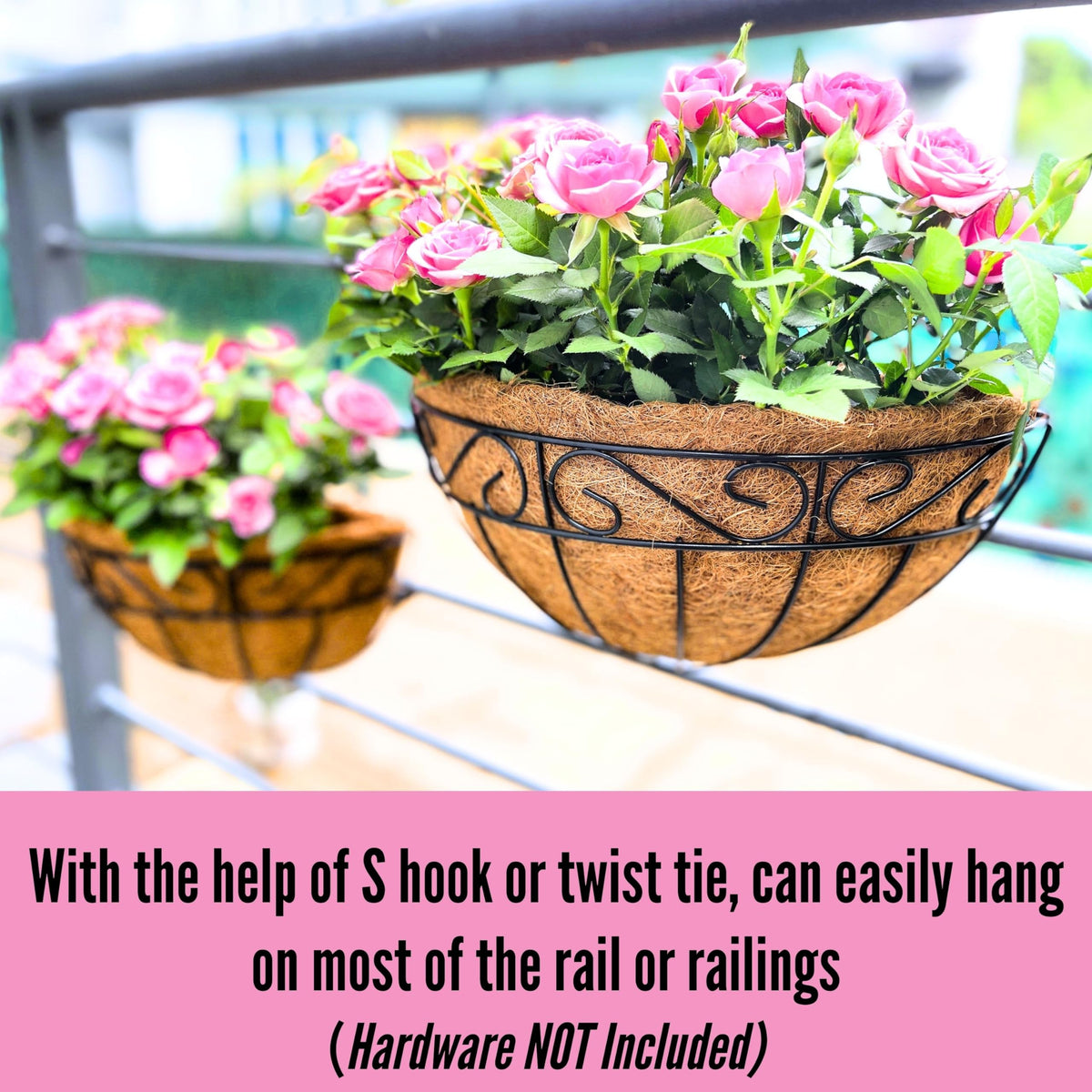 LaLaGreen Wall Hanging Planters, 4 Pack, 12 Inch Balcony Flower Baskets with Coco Liner Outside, Outdoor Vertical Garden, Fence Pots Holder Half Round Semi Circle Rail Railing Deck Porch Balcony Patio