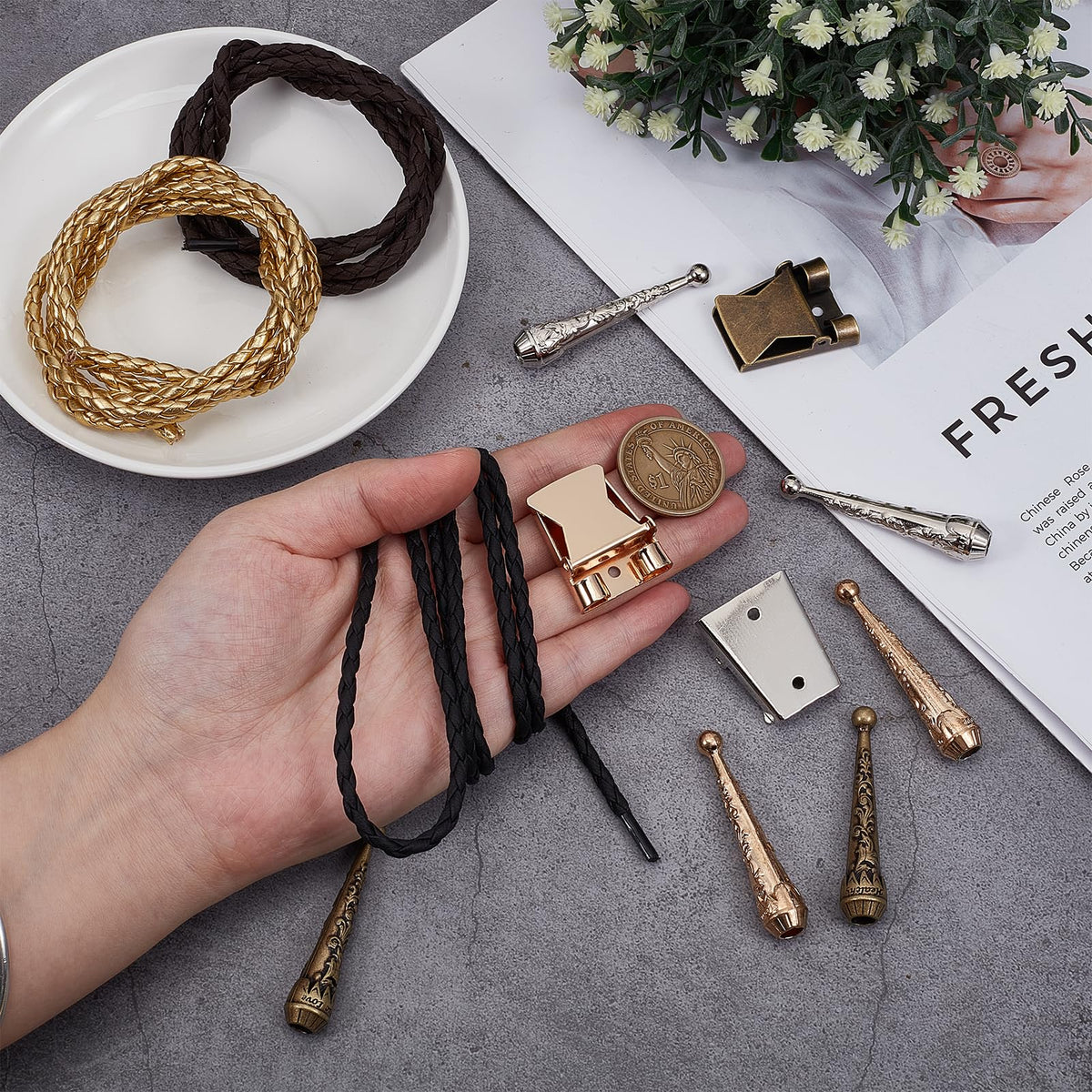 NICENEEDED Bolo Tie Making Kit, Bolo Tie Tips Replacement Accessories with 6 PCS Zinc Alloy Cord End 3 PCS Slide Clasps and 3 PCS Leather Necktie Cord, Western Style Tie Supplies for Bolo Tie Making