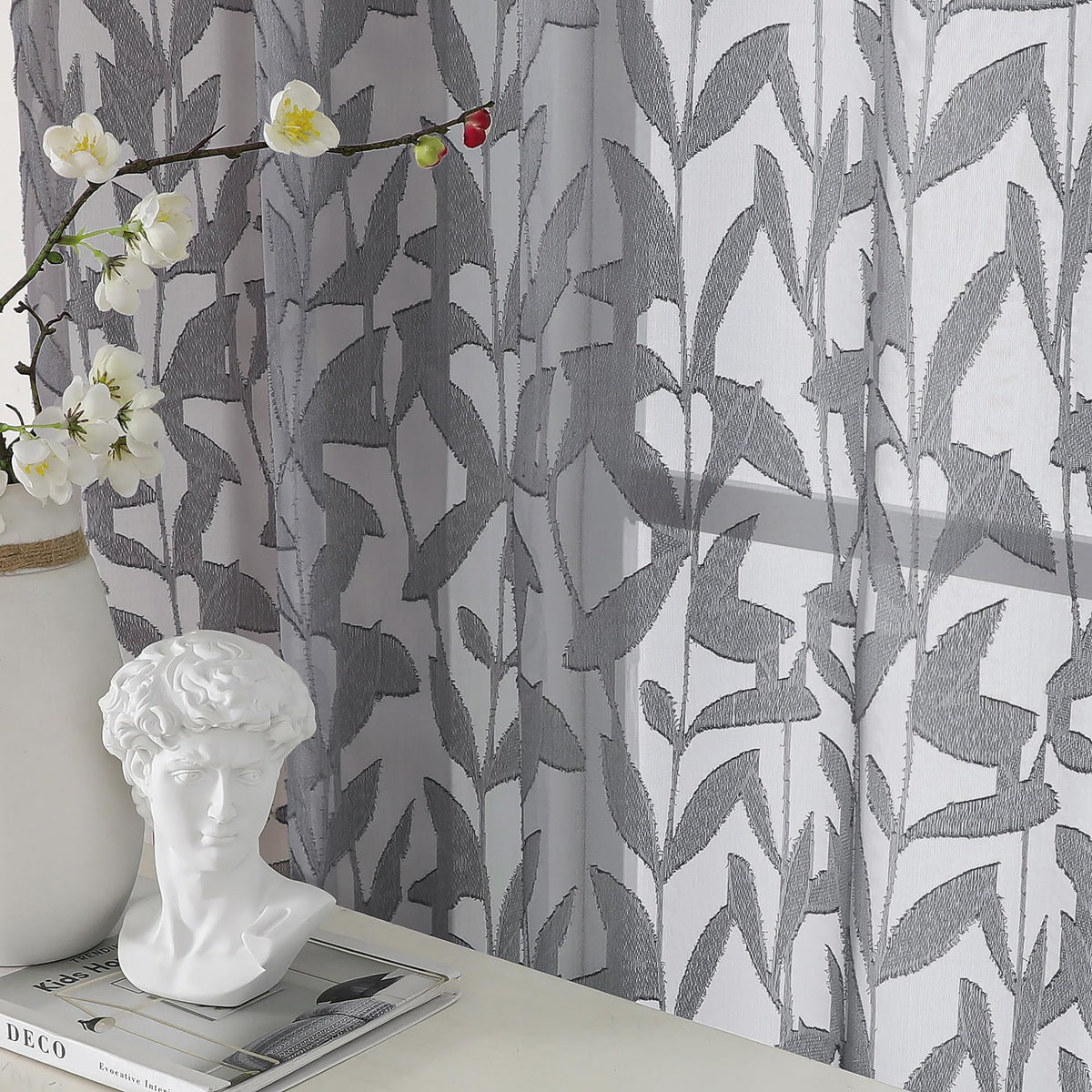 OWENIE Leyna Charcoal Gray Sheer Curtains 84 Inches Long for Living Room Bedroom 2 Panels Set, Modern Clip Jacquard Leaves Textured Light Filtering Curtains, Double Rod Pockets Drapes, 40Wx84L Inch