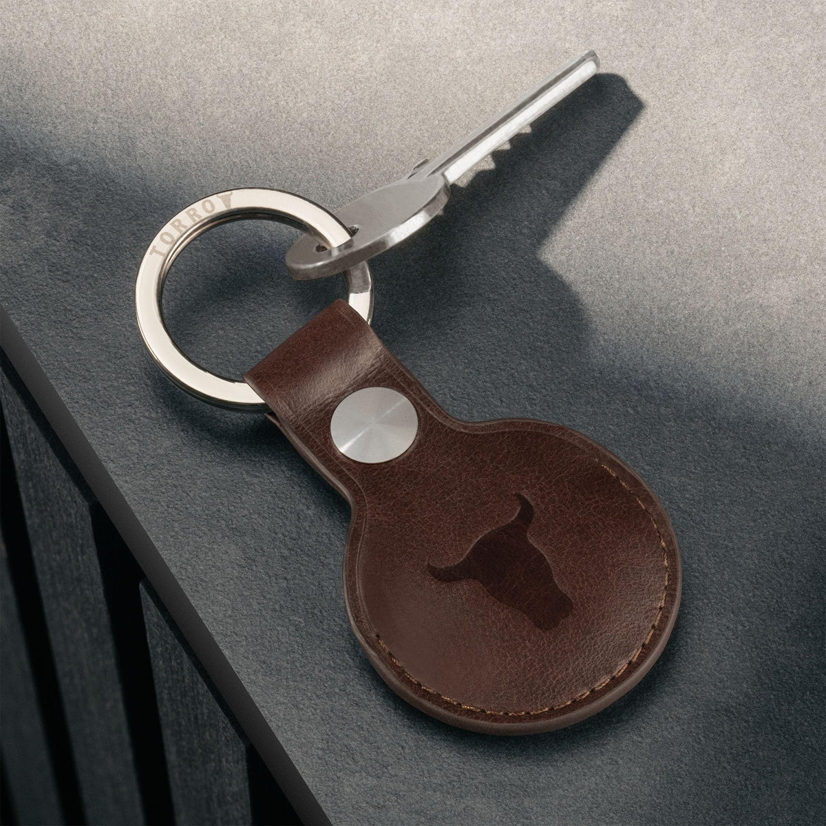TORRO Leather Keyring/Keychain Compatible with AirTag – Premium Leather Key Holder with Brushed Metal Ring (Dark Brown)