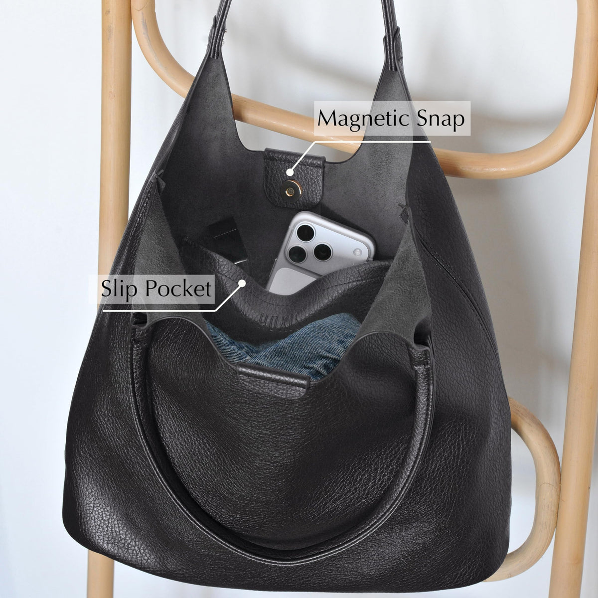Soft Vegan Leather Tote Bag for Women Hobo Handbag Purse for Travel and Everyday (Black)