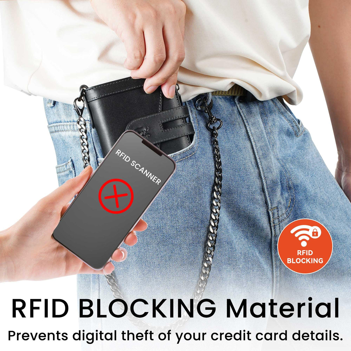 furid Genuine Leather Chain Wallet: Bifold Zipper Coin Pocket with Anti-Theft Chain - RFID Blocking Biker Wallet for Men - Gift for Father Husband Motorcycle Outdoor Use