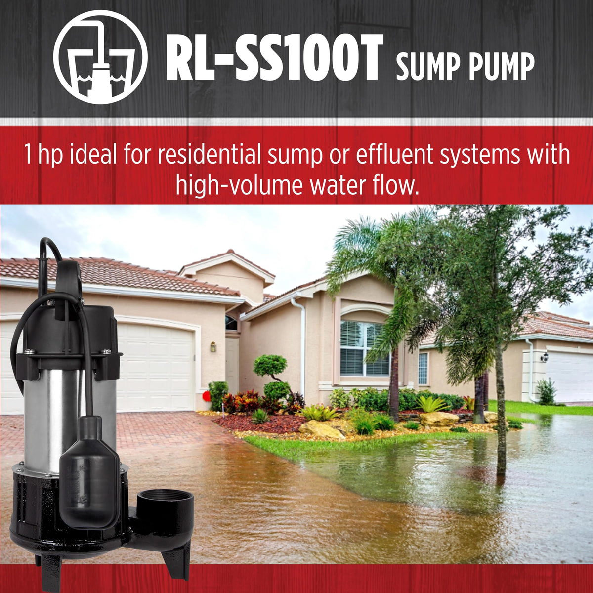 Red Lion RL-SS100T 115 Volt, 1 HP, 5300 GPH Premium Submersible Stainless Steel Sump Pump with Tethered Switch and 20-Ft. Cord, Black, 14942782