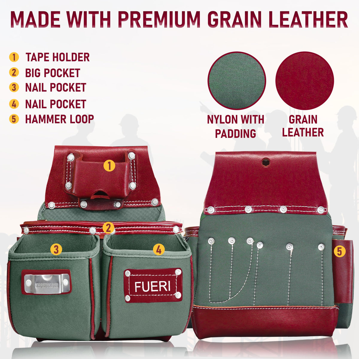 FUERI Carpenter Tool Belt made with Nylon & Grain Leather comes with Adjust to fit Padded Belt, Pouches with multiple pockets, Suspender loops, and a Hammer Holder (Best Gift for your father)