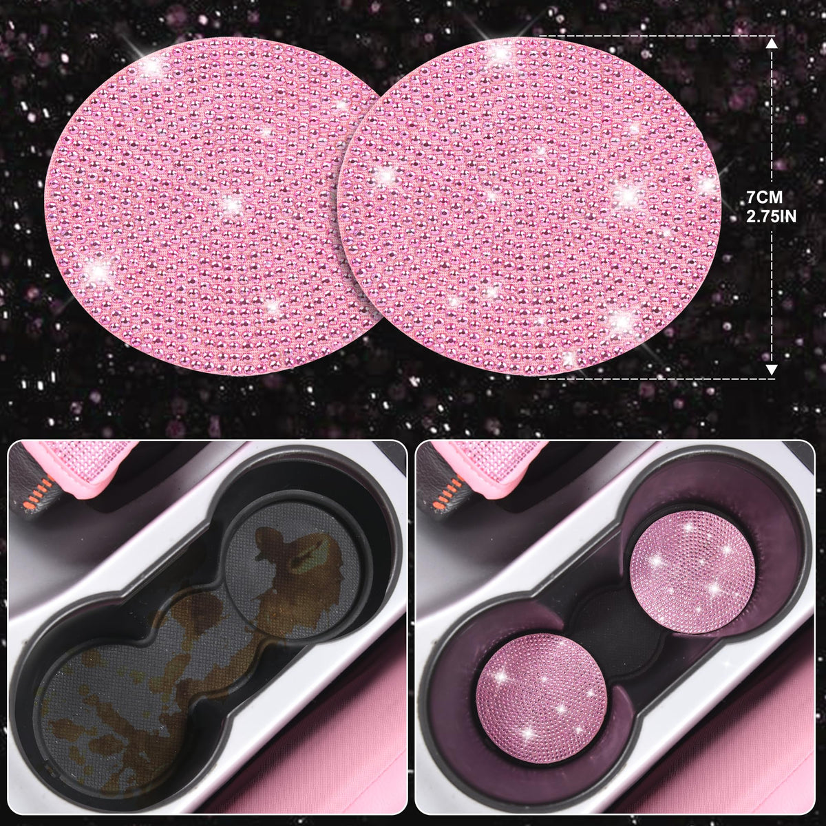 CAR PASS 24 PCS Pink Bling Diamond Accessories Set for Women, Leather Seat Covers, 15'' Steering Wheel Cover, Shining Rhinestone Sparkly Hooks, Coasters, Cute Interior Decorations
