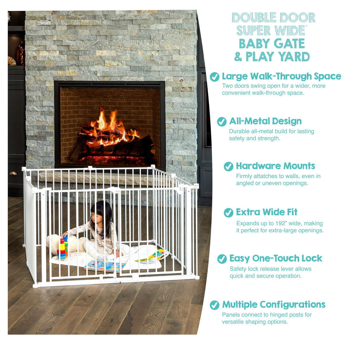 Regalo Safety 192" Double Door Super Wide Baby Gate & Play Yard, 8-Panel Adjustable Safety Gate for Doorways & Large Openings, Hardware Mounted Gate for Babies, Toddlers & Pets