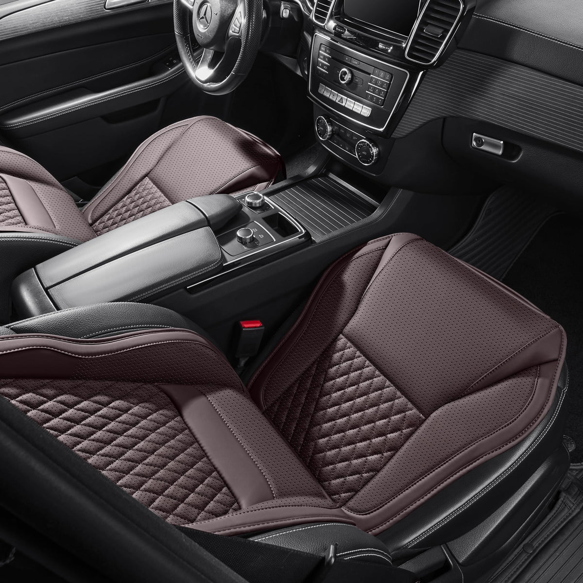 AuraSettle Premium Perforated Napa Leather Car Seat Covers Semi Universal Fit with Lumbar Support, Storage Bag for SUV Sedan Truck (Coffee Brown, Front Row Two Seats)