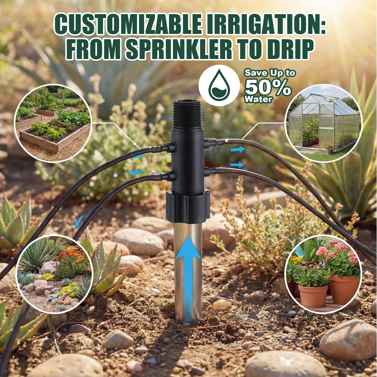 Gulfmew 4 Pack 4 Port Drip Irrigation Manifold with Filter, Drip Irrigation Riser Adapter, Watering Manifold for Gardening Systems, 1/2" Female Pipe Thread x 1/2" Male Pipe Thread x 1/4" Barbed End