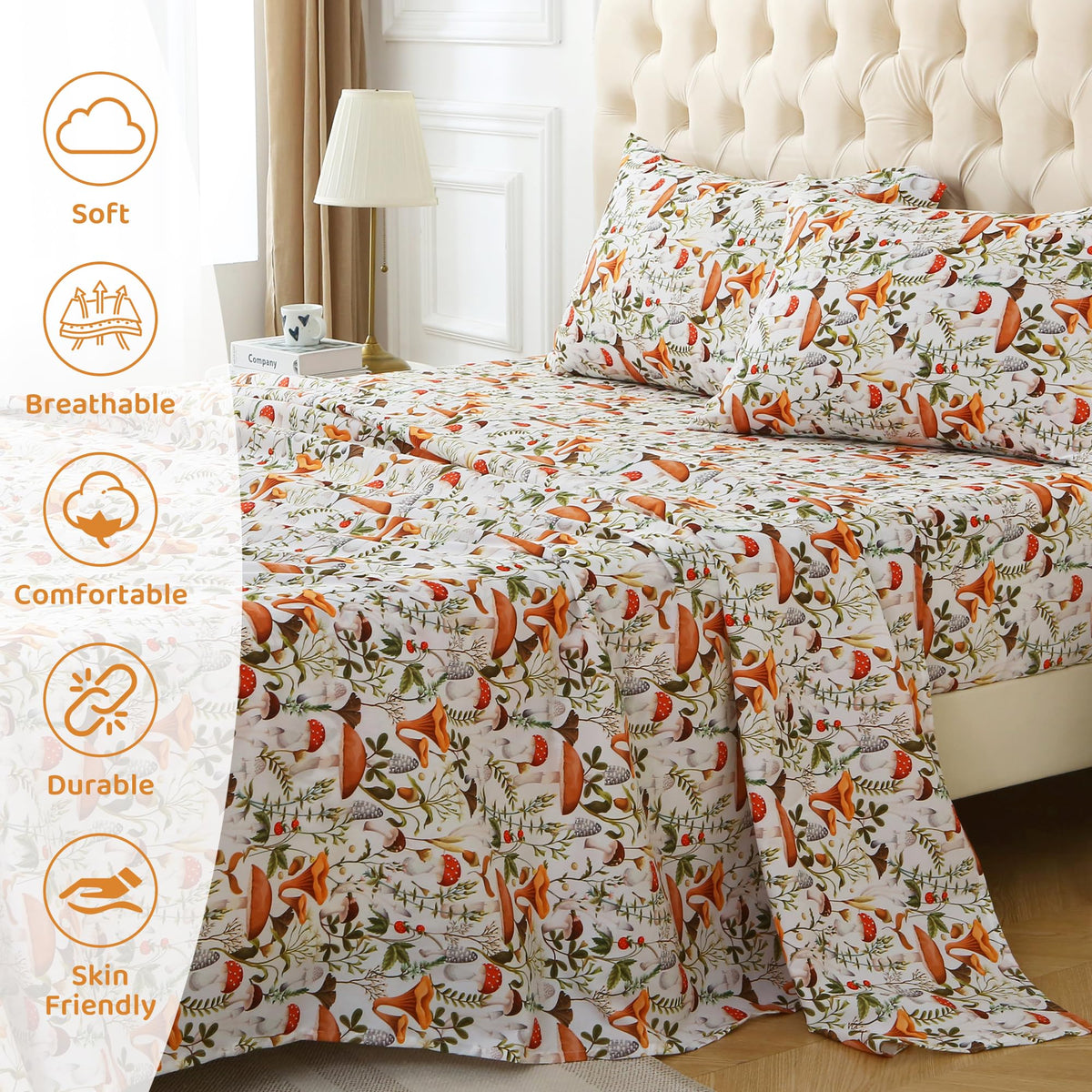 Mooreeke Cozy Vintage Microfiber Printed Queen Sheet Set - Soft & Breathable Percale Mushroom Forest Bed Sheets with Extra Deep Pocket - Non-Slip Fitted Design - Jungle Mushroom Leaves Pattern - Queen