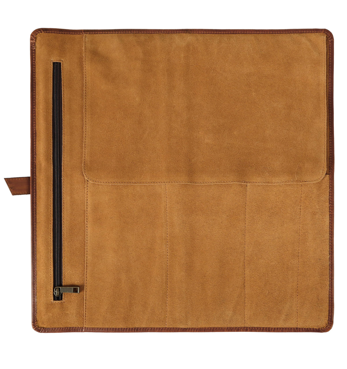 KomalC Premium Buffalo Leather Chef Knife Roll – 17.5″ × 17.5″ Knife Storage Bag with 4 Slots, Suede Lining, Brass Buckle & Zipper Pouch – Portable Travel Case for Chefs & Culinary Students