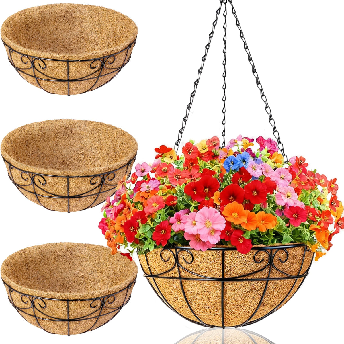 EINYEXW 3 Pack 13.5 Inch Hanging Baskets for Plants Outdoor - Metal Hanging Planters for Outdoor Plants with Coco Liners - Heavy Duty Empty Hanging Flower Pots for Porch Patio Garden