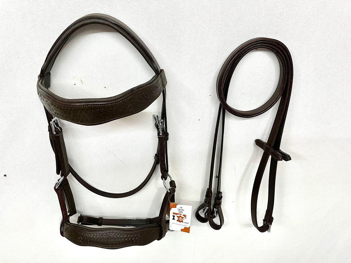 AMAZING HORSE STUFF Sidepull Bitless Bridle with Designer Hand Carving On Brow & Noseband Curved Shaped Brown (Full, Cob, Pony) (Pony)