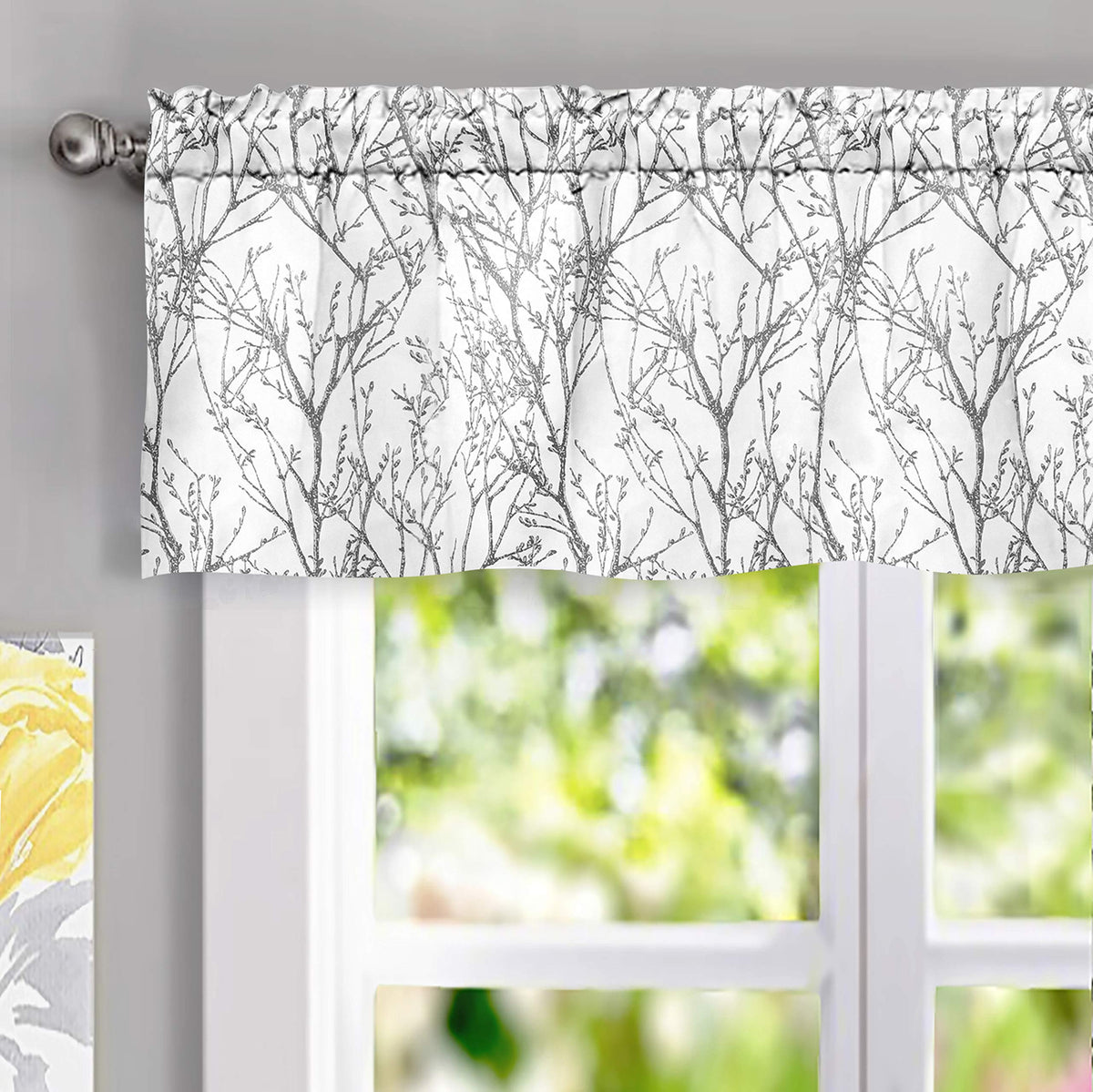 DriftAway Tree Branch Lined Valance Double Layer Blackout Thermal Insulated Abstract Ink Printing Window Curtain Valance Rod Pocket 52 Inch by 14 Inch Plus 2 Inch Header Silver Gray 1 Pack