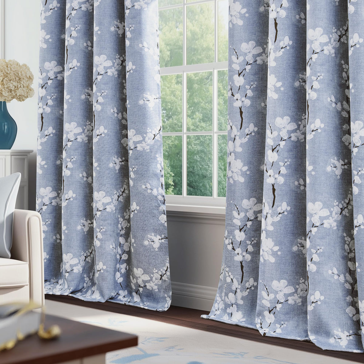 FMFUNCTEX 100% Blackout Floral Curtains for Bedroom, Blue Curtains 63 inch Length Blossom Flower Patterned for Living Room, Thermal Insulated Farmhouse Drapes, Grommet Top 2 Panels (White on Blue)