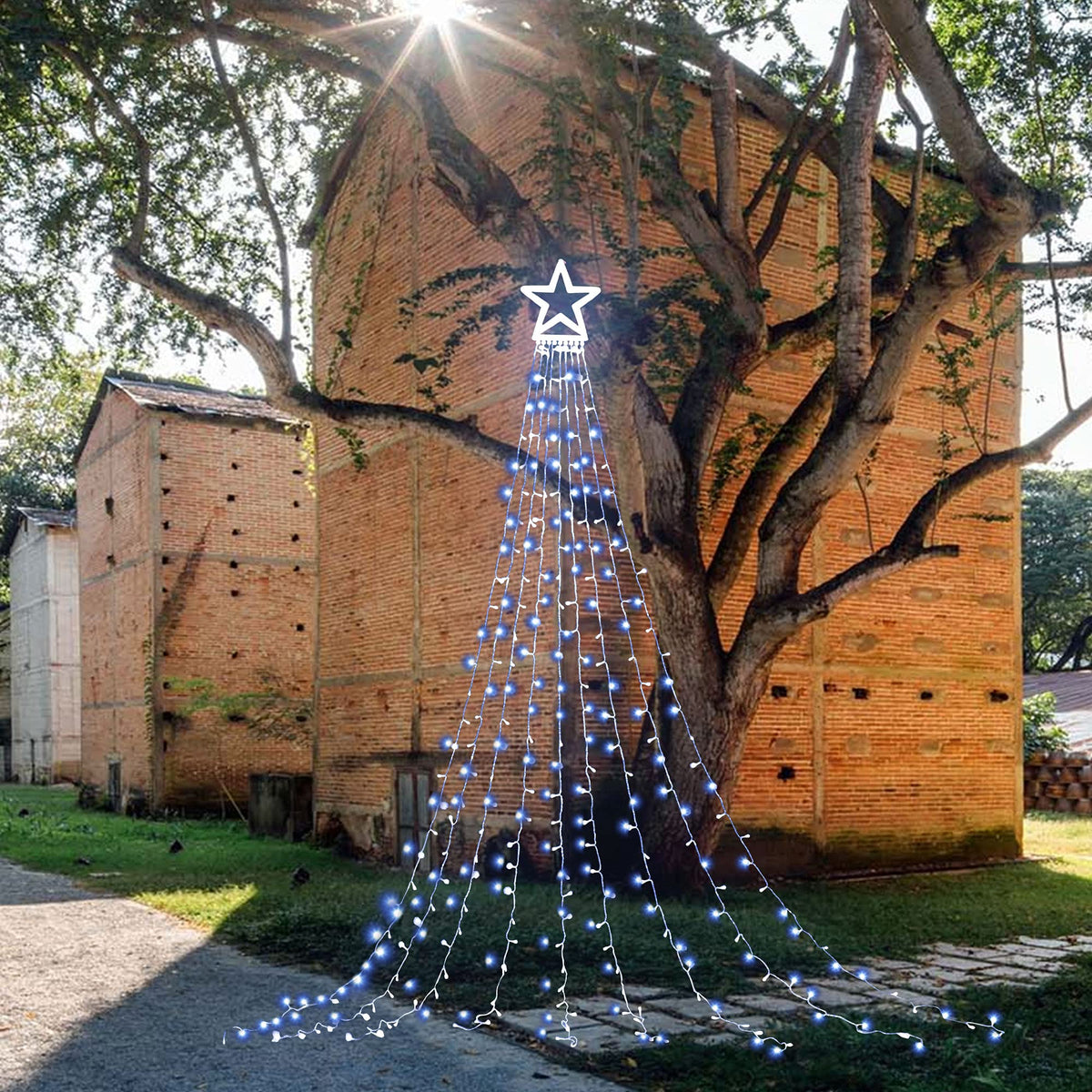 Christmas Decoration Lights, Outdoor Christmas String Lights 320 LED 11.5 Ft Waterfall Tree Light with Big Star Topper 8 Light Modes for Xmas New Year Holiday Garden Yard Indoor Outdoor Decor