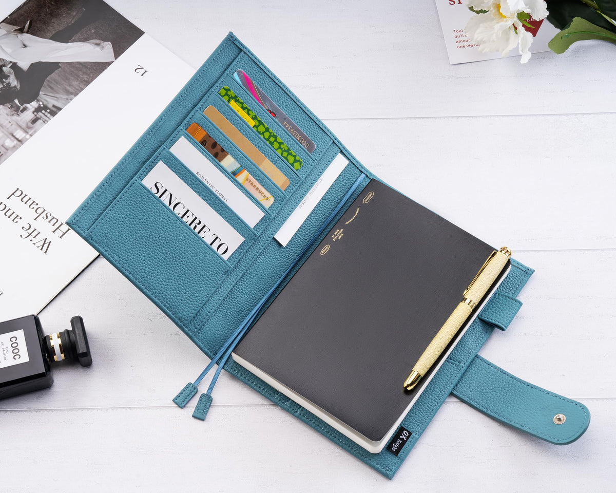 Ox Knight B6 Leather Planner Cover for Stalogy, Midori, Leuchtturm1917, and More - with Pen Loop, Card Slots, Back Pocket, and Bookmarks (Dark Blue)