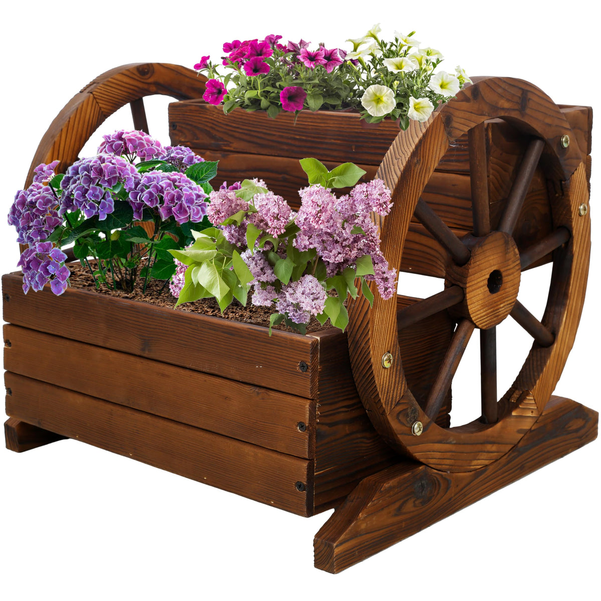 Gecheer Wooden Wagon Planter Box with Wheels – 2-Tier Rolling Garden Planter for Flowers, Herbs & Vegetables, Indoor and Outdoor Use