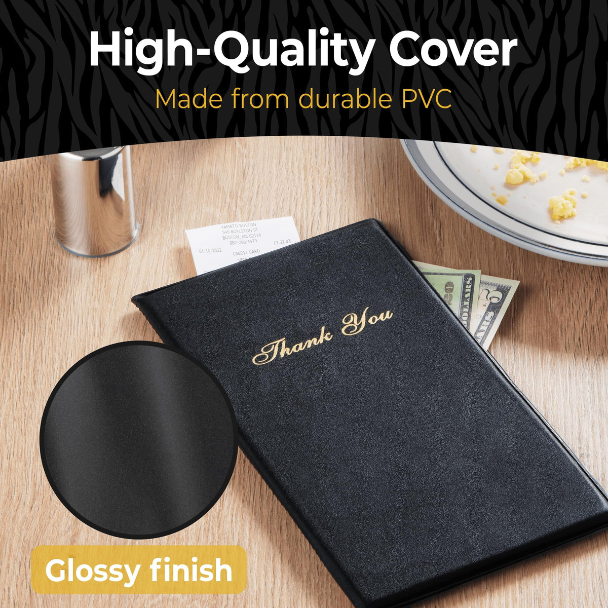 Gold Lion Gear Restaurant Check Presenters - Guest Check Card Holder with Gold Thank You Imprint - 5.5" x 10" Black 20 Pack, Standard Server Book - Waitress Book