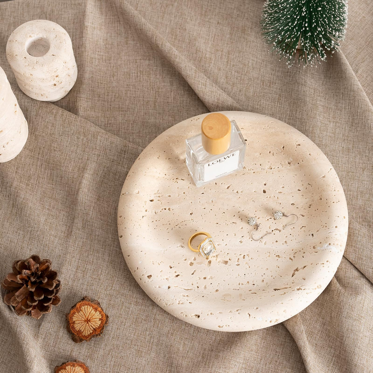 Koville Italian Round Travertine Tray, 8" Vanity Decorative Marble Tray for Countertop, Catchall for Perfume, Candles, Jewelry Dish